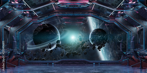 Fototapeta Naklejka Na Ścianę i Meble -  Grunge Spaceship interior with view on planet Earth 3D rendering