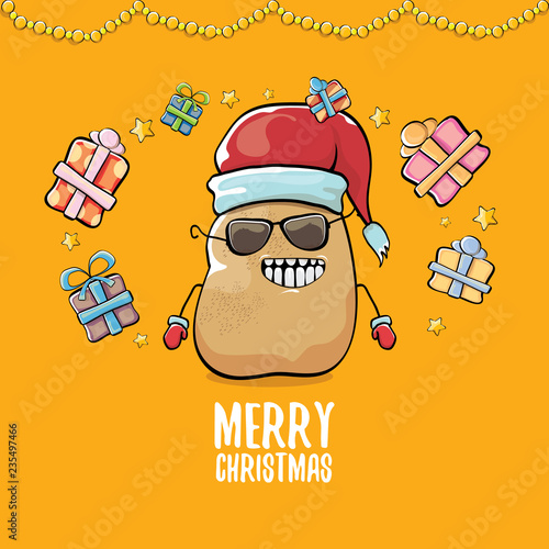 vector funky comic cartoon cute brown smiling santa claus potato with red santa hat, gifts and calligraphic merry christmas text isolated on orange background. vegetable funky christmas character
