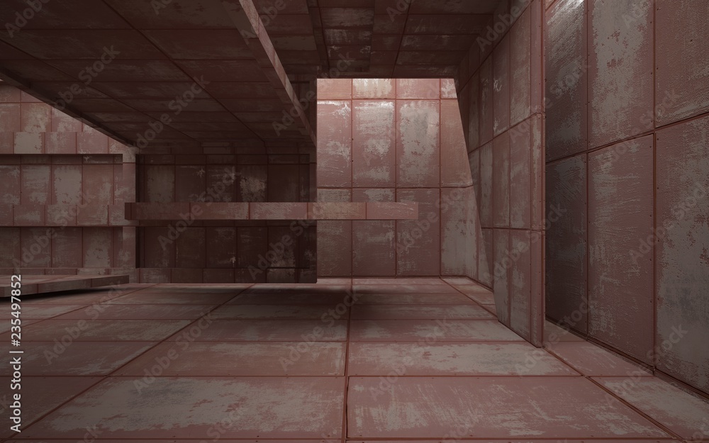 Empty abstract room interior of sheets rusted metal. Architectural background. 3D illustration and rendering