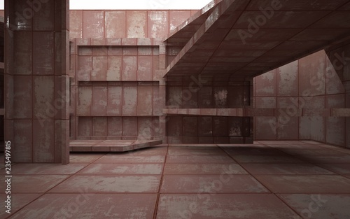 Fototapeta Naklejka Na Ścianę i Meble -  Empty abstract room interior of sheets rusted metal. Architectural background. 3D illustration and rendering