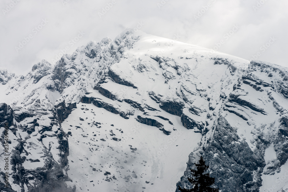 mountain peak in snow on a cloudy day