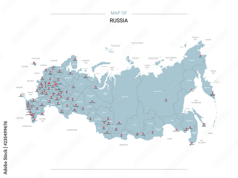 Russia vector map. Editable template with regions, cities, red pins and blue surface on white background. 