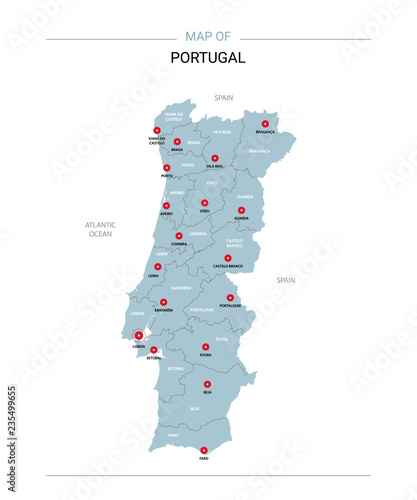 Portugal vector map. Editable template with regions  cities  red pins and blue surface on white background. 