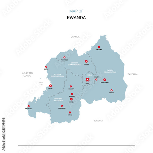Rwanda vector map. Editable template with regions, cities, red pins and blue surface on white background.