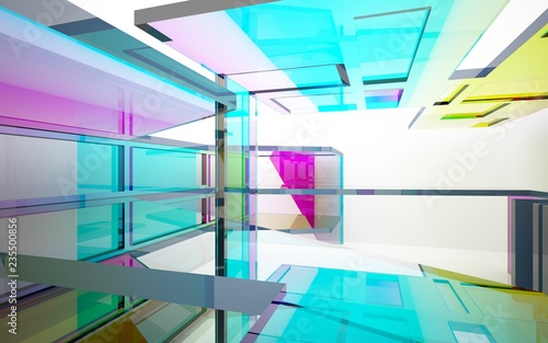 abstract architectural interior with gradient geometric glass sculpture with black lines. 3D illustration and rendering