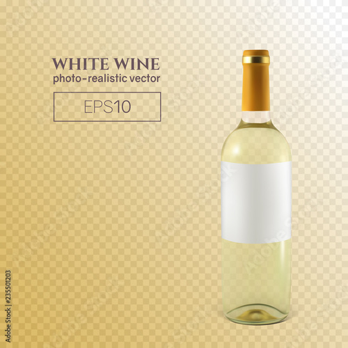 Photorealistic bottle of white wine on a transparent background. Mock up transparent bottle of wine. This wine bottle can be placed on any background.