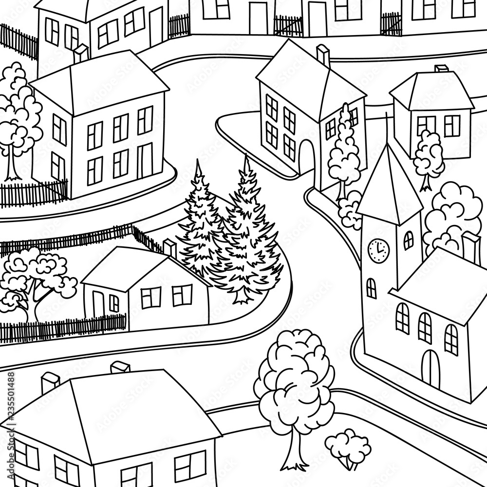sketch drawing of cartoon old town on white background. The streets of the  town with houses and trees Stock Vector | Adobe Stock