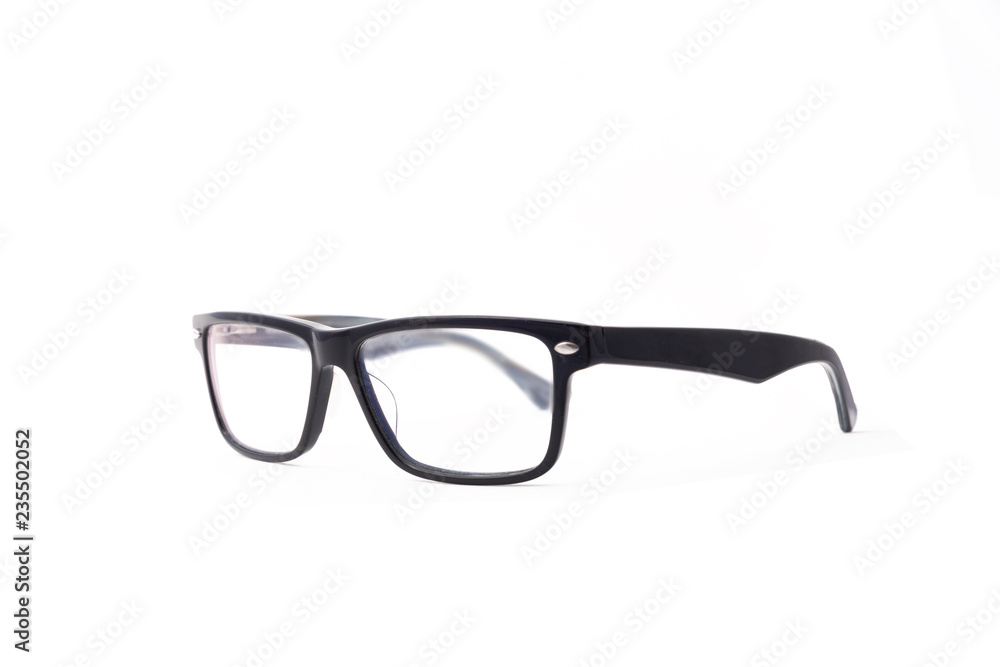 Rectangular black-rimmed glasses are located frontally on a white background. Isolated. side view Rectangular black-rimmed glasses are located frontally on a white background. Isolated. side view