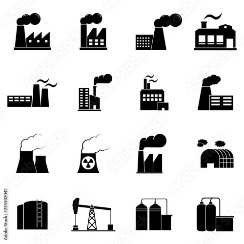 Industrial building factory and power plants icon set