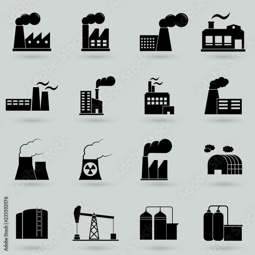 Industrial building factory and power plants icon set