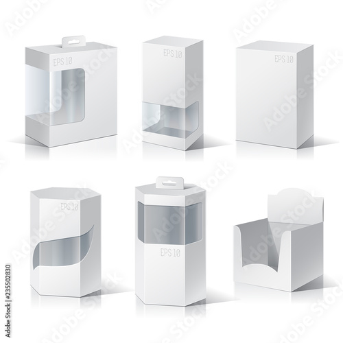 Carton Or Plastic Blank Package Box with a transparent plastic window. Illustration Isolated On White Background. Ready For Your Design. Product Packing Vector.