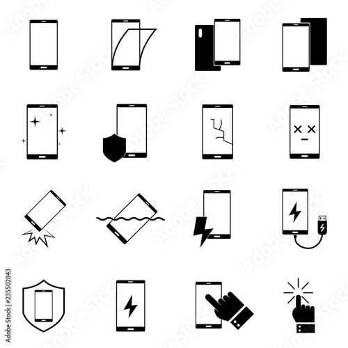 Simple Set of Smartphone Protection Icons. Contains such Icons as Screen Protector, Delicate Touch, Tempered Glass and more.