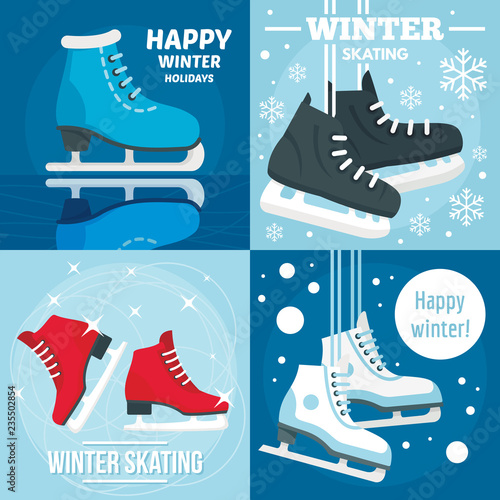 Holiday winter skating banner set. Flat illustration of holiday winter skating vector banner set for web design