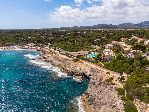 Fototapeta Naklejka Na Ścianę i Meble -  Aerial view, coast with hotels and villas, Cala Tropicana and Cala Domingos, Porto Colom region, Mallorca, Balearic Islands, Spain