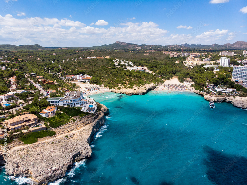 Aerial view, coast with hotels and villas, Cala Tropicana and Cala Domingos, Porto Colom region, Mallorca, Balearic Islands, Spain