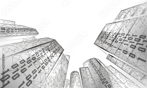 Low poly smart city 3D wire mesh. Intelligent building automation system business concept. Binary code number data flow. Architecture urban cityscape technology sketch banner vector illustration