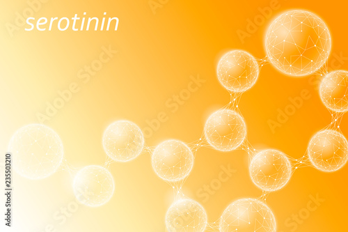 Serotonin happiness hormone 3D molecular structure. Low poly sphere polygonal happy mood emotion antidepressant medical drug treatment. Orange gold light white shiny love joy vector illustration