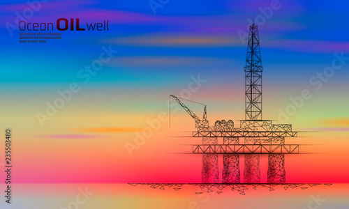 Ocean oil gas drilling rig low poly business concept. Finance economy petrol production. Petroleum fuel industry offshore colorful sunset sky extraction derricks line dots blue vector illustration