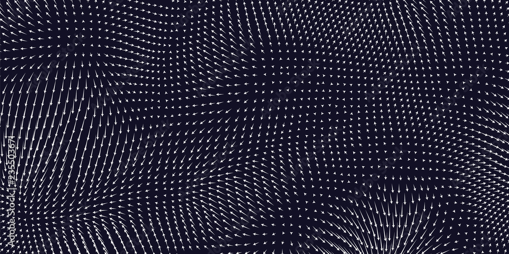 Vector blue field visualization of forces. Magnetic or gravitational fluctuations chart. Science backdrop with a matrix of arows with magnitude and direction. Flow representation. Interaction. Vector blue field visualization of forces. Magnetic or gravitational fluctuations chart. Science backdrop with a matrix of arows with magnitude and direction. Flow representation. Interaction.