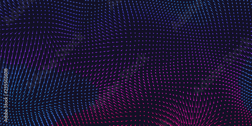 Vector colorful field visualization of forces. Magnetic or gravitational fluctuations chart. Science backdrop with a matrix of arows with magnitude and direction. Flow representation. Interaction.