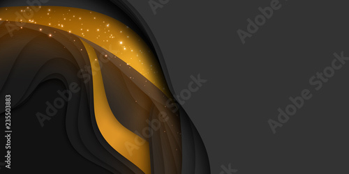 Vector 3D abstract background with paper cut shape. Colorful dark carving art with gold and sparkles. Paper craft Antelope canyon landscape. Minimalistic design for business presentations, flyers.