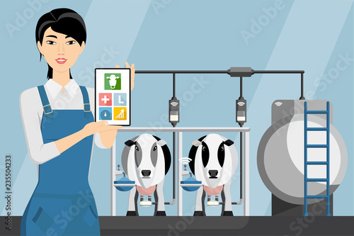 Asian woman farmer with tablet on a modern dairy farm. Smart farming, herd management and automatic milking. Vector illustration.