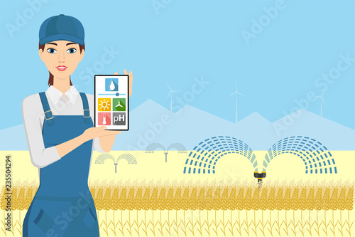 Farmer with tablet computer in a wheat field. Internet of things in agriculture. Smart farm with wireless control. Vector illustration.