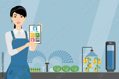 Asian woman farmer with tablet in a modern greenhouse. Internet of things in agriculture. Smart farm with wireless control. Vector illustration.