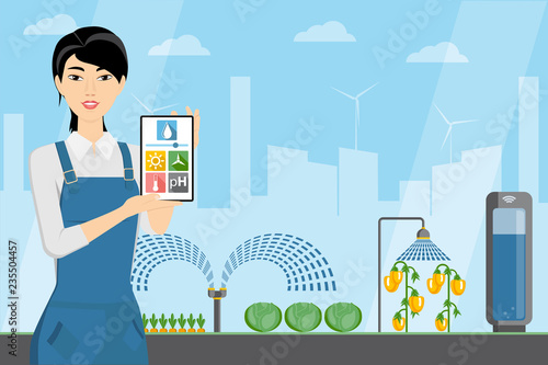 Asian woman farmer with tablet in a modern greenhouse. Internet of things in agriculture. Smart farm with wireless control. Vector illustration.