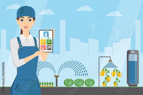 Woman farmer with tablet in a modern greenhouse. Internet of things in agriculture. Smart farm with wireless control. Vector illustration.