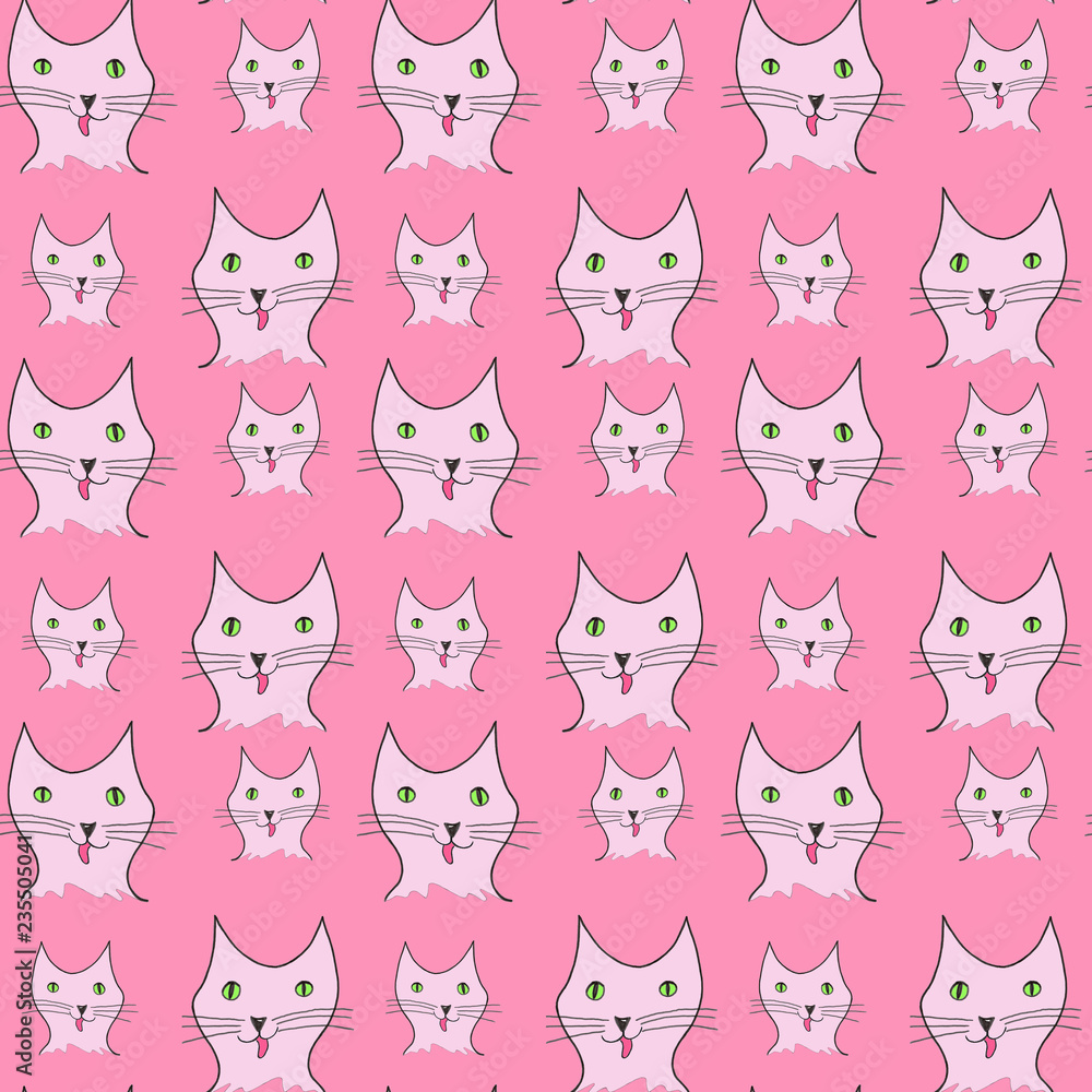 Geschenkpapier, Tapete, Hintergrund, Vorlage nahtloses Muster, seamless pattern, lustige Katzen strecken die Zungen heraus, pink,  Illustration von Kathrin Schwertner 