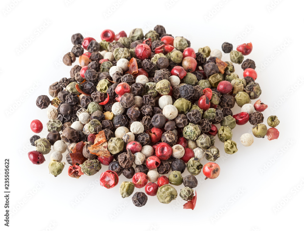 Mixed of diffrent kind peppercorns isolated on white background Mixed of diffrent kind peppercorns isolated on white background