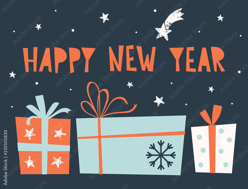 Fototapeta premium Happy New Year card with holiday gifts and lettering. Vector illustration and typography for design. Cute christmas template.