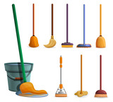 Mop icon set. Cartoon set of mop vector icons for web design