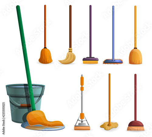 Mop icon set. Cartoon set of mop vector icons for web design