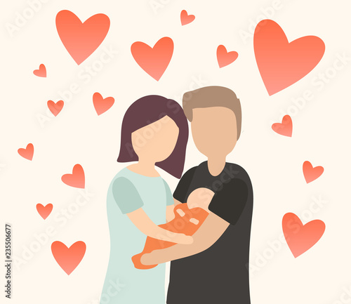 Happy family with newborn baby. Young mom and dad with their first child. Background with hearts