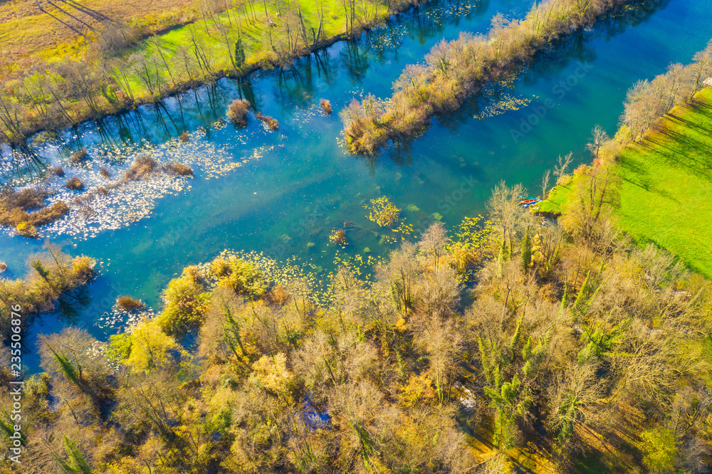 Croatian nature, Mreznica river from air, panoramic view of Belavici village and waterfalls in autumn 