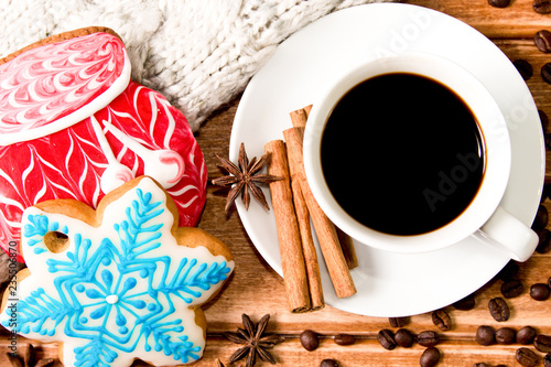 Christmas gingerbread and hot coffee in a white Cup. The Concept of Christmas morning.Postcard ,template. The view from the top
