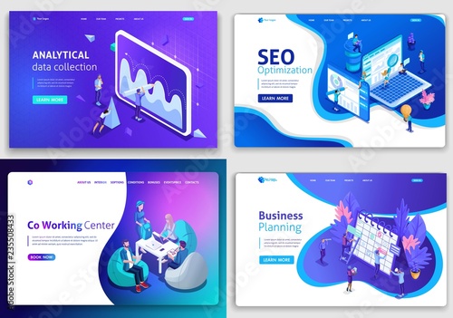 Set of web page design templates for business, analytical, SEO optimization, business planning, Co working.Center Vector illustration concepts for website and mobile