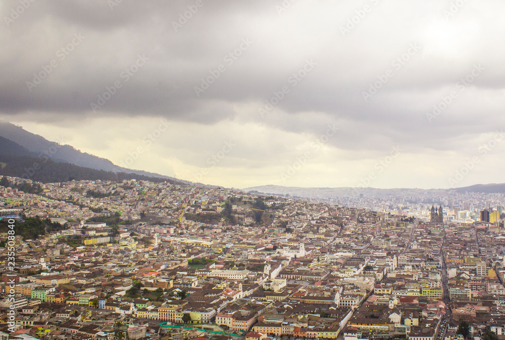Aerial view of the colonial sector of the city of Quito in Ecuador, next to the Pichincha volcano