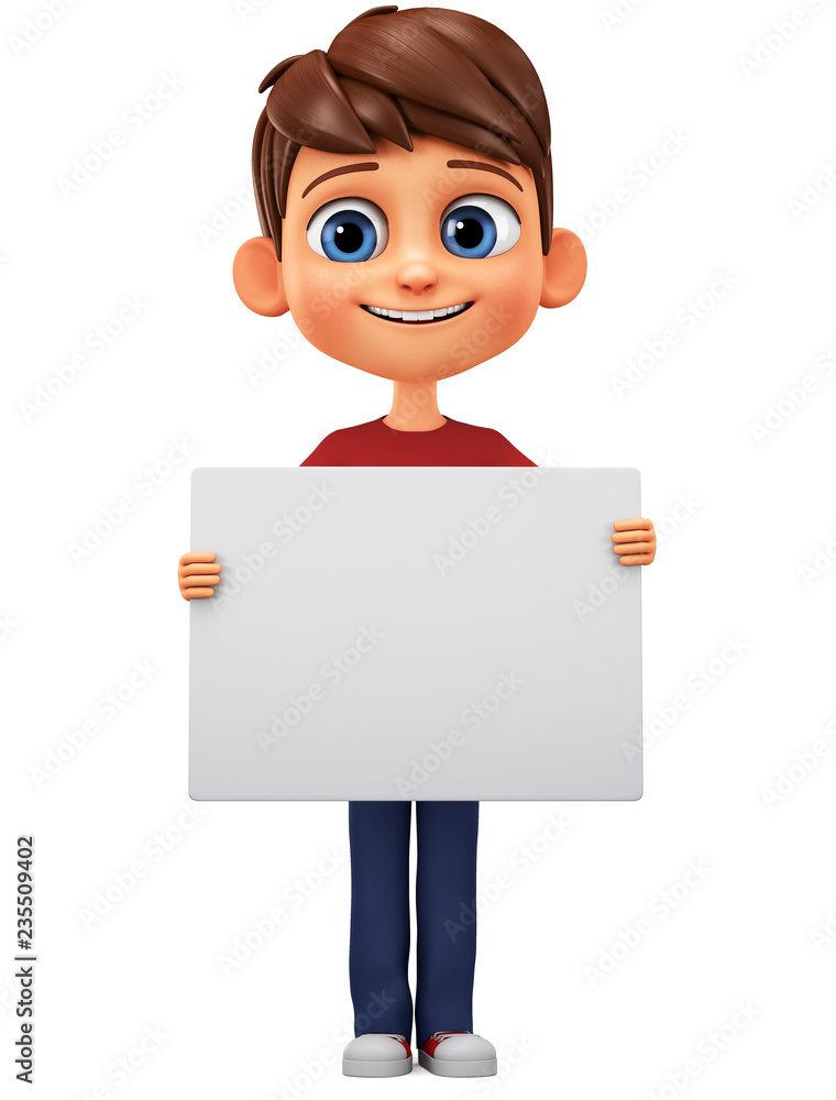 Cartoon boy character holding a blank board on a white background. 3d  rendering. Illustration for advertising. Stock Illustration | Adobe Stock