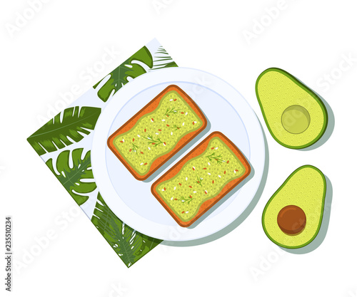 Avocado toast with half of a avocado on a plate. Breakfast and healthy lifestyle. Top view. Vector illustration