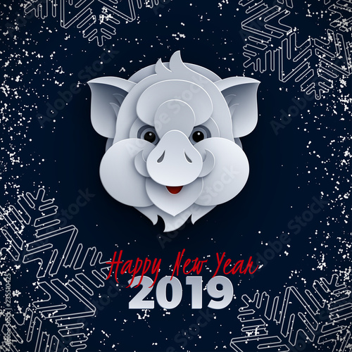 Happy new year banner, head of the pig, animal symbol of 2019, congratulation text. Dark background with snowflakes for poster, greeting card, banner design, paper cut out style, vector illustration