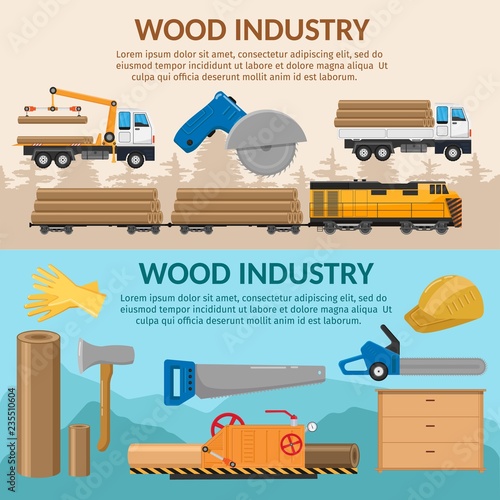 Timber train transportation Sawmill woodcutter lumber or hardwood background flat elements horizontal banner