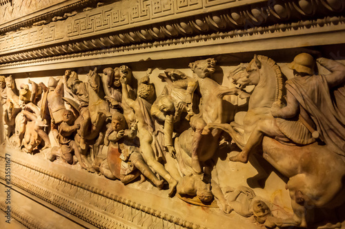 Tela Fatih, Istanbul / Turkey - 01 30 2014: Great Alexander's Sarcophagus in Istanbul Archaeology Museum