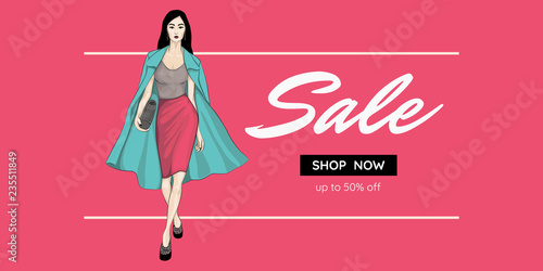 Fashion sale banner with woman fashion outfit, online shopping social media, voucher or web template with beautiful woman. Pink background. Vector illustration.