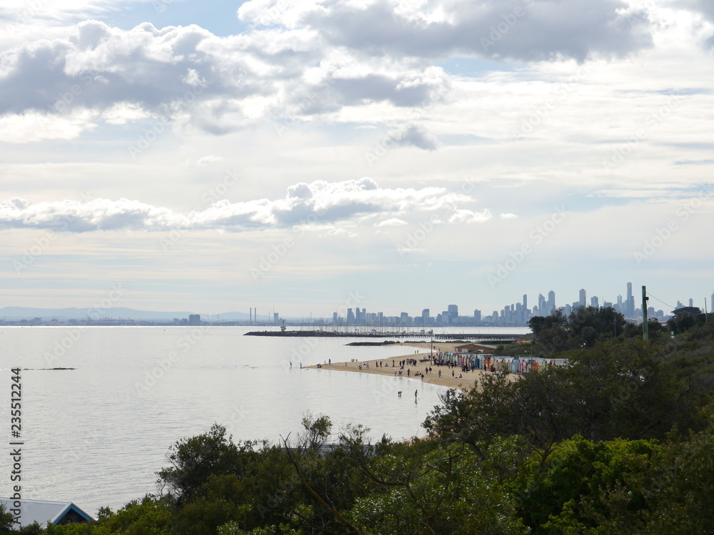 panorama of Melbourne's skyline with Brighton Beach and St Kilda