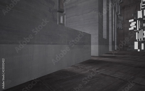 Empty dark abstract concrete room interior with statue of word "love". Architectural background. Night view of the illuminated. 3D illustration and rendering