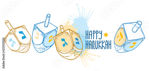 Vector greeting card with outline Hanukkah or Hanuka dreidel or sevivon with Hebrew alphabet in blue and beige isolated on white background. Ornate contour Chanukah dreidel for Jewish holiday design