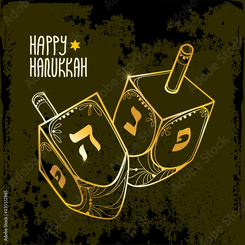 Vector greeting card with outline Hanukkah or Hanuka dreidel or sevivon with Hebrew alphabet in golden colored on the black background. Ornate contour Chanukah dreidel for Jewish holiday design.
